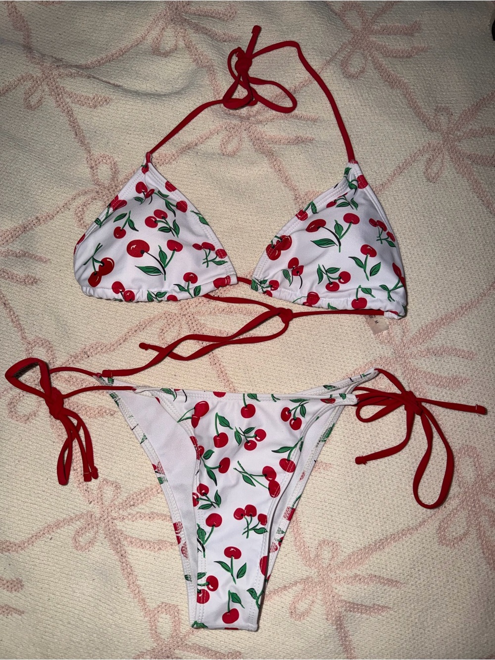 Zaful White Cherry Print Bikini with Red Ties